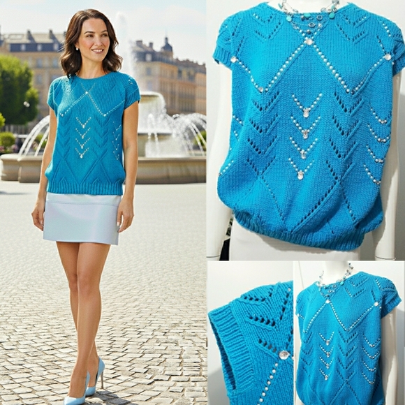 Vintage Magnolia💙Turquoise Blue Embellished Sleeveless Knitted Top - Picture 3 of 12